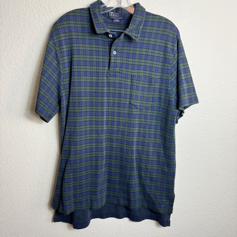 Polo‎ Ralph Lauren Large Blue Green Plaid Men's Polo Shirt Pocket Logo